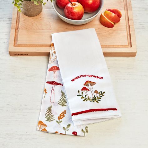 Set of 2 Spring Mushroom Embroidered Kitchen Towels - Never Stop Growing