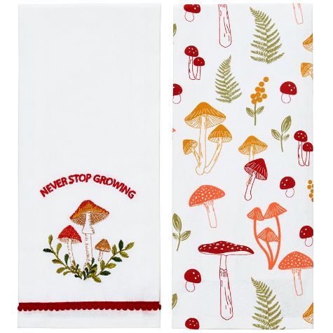 Set of 2 Spring Mushroom Embroidered Kitchen Towels - Never Stop Growing