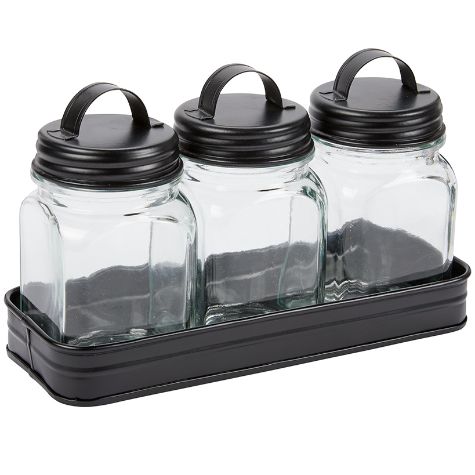 Set of 3 Glass Canisters in Galvanized Tray - Canisters in Tray Black