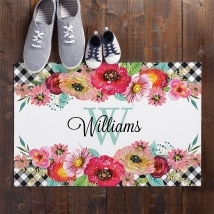 Personalized Gingham Check Floral Doormat