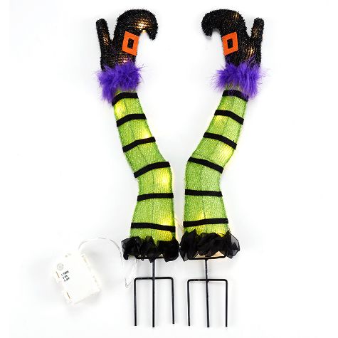 Lighted Witch Legs or Broom Stakes - Green Pair of Witch Legs