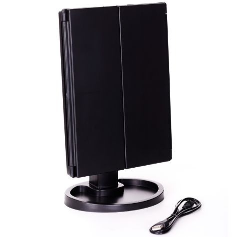 Tri-Fold LED Makeup Mirror with Magnification - Black