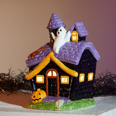 Lighted Ceramic Haunted Houses - Pumpkin and Ghost
