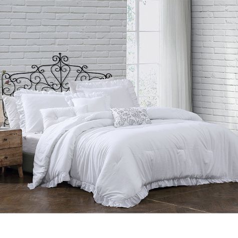 Davina Enzyme Wash Ruffled Comforter Sets - White Twin