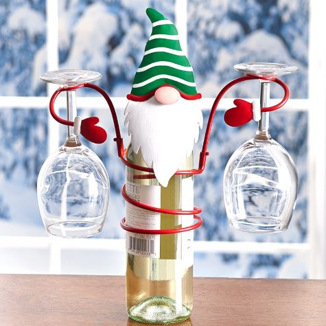Holiday Wine Bottle &amp; Glass Holder - Gnome