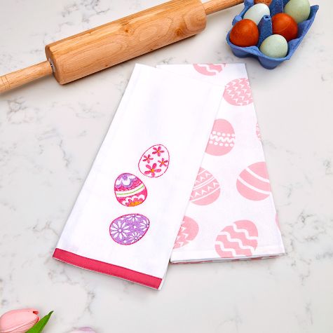 Set of 2 Easter Egg Embroidered Kitchen Towels - All Over Easter Egg