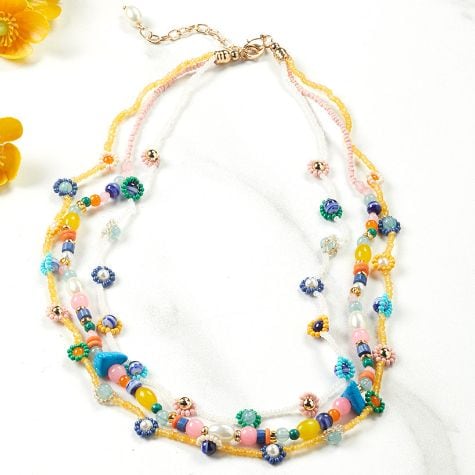 Spring Flower Beaded Jewelry - 3 Layer Necklace