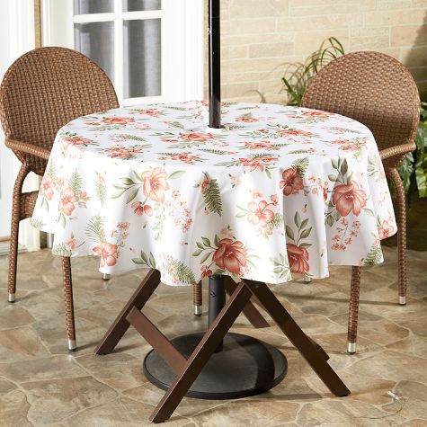 Zippered Outdoor Umbrella Hole Tablecloths - Terracotta Floral 60" Round