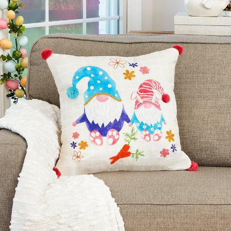 Spring Gnome Easter Accent Pillows - 18"  sq. Floral Gnome