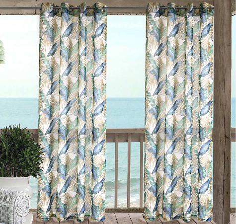 Indoor/Outdoor Solid or Printed Curtain - Taupe/Teal Tropical