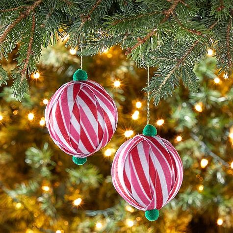 Sets of 2 Patterned Paper Ball Ornaments - Red and Pink Stripe