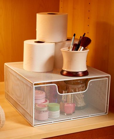 Cabinet Organizer with Pull-Out Basket - White