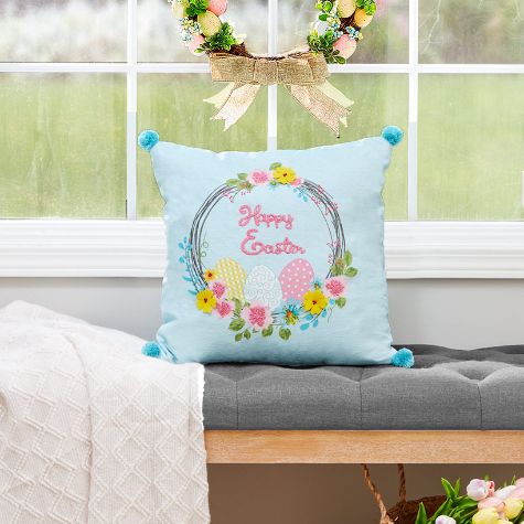 Embroidered Easter Accent Pillow - 18" Sq. Easter Wreath