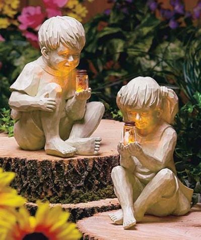 Kids with Solar Fireflies Garden Statues