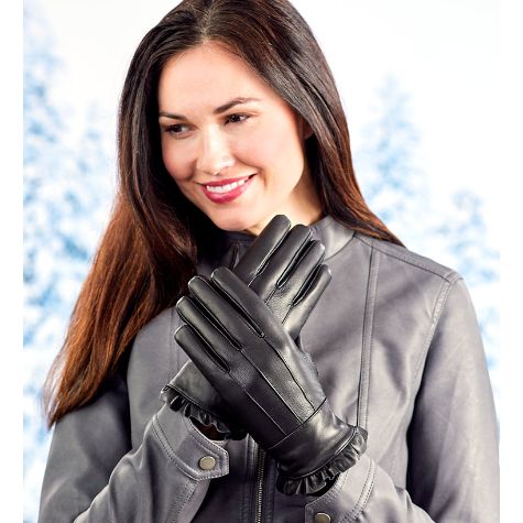 Fleece-Lined Leather Gloves - Ruffle Small