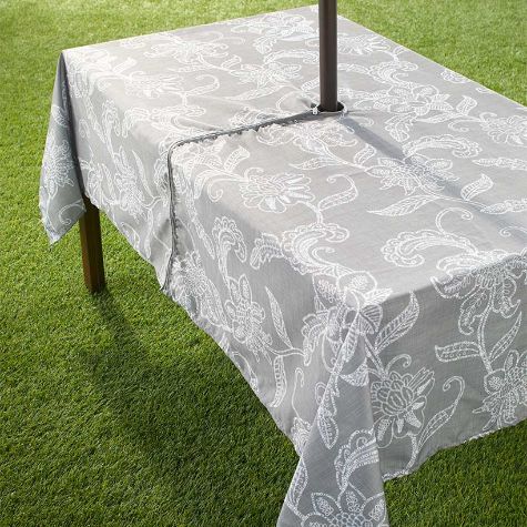 Zippered Outdoor Umbrella Hole Tablecloths - Gray Floral 60" x 120"