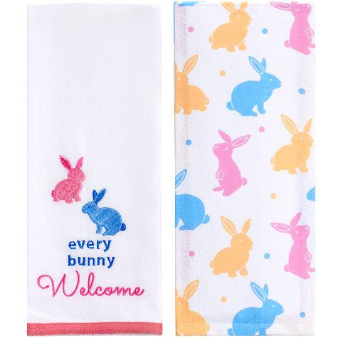 Sets of 2 Easter Bunny Embroidered Kitchen Towels - Welcome