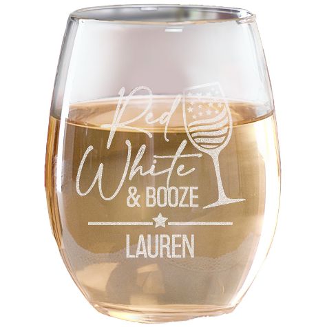 Personalized Red White and Booze Stemless Wine Glass