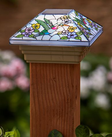Stained Glass Solar Post Cap Lights - Hummingbird