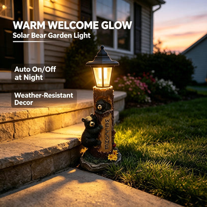 A brown bear statue welcoming guests, a garden statue with solar-powered lights, a 19-inch resin bear family in a tree, and outdoor bear decorations for courtyards, gardens, lawns, and patios. - image 2