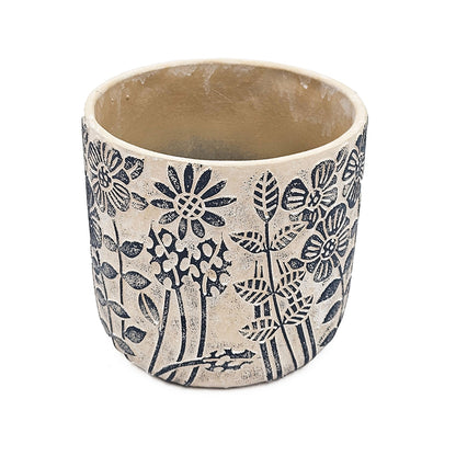 S/2 Gray Sand and Cement Planters with Blue Floral Motif, L:D7x6.7" S:D5.5x5" - image 7