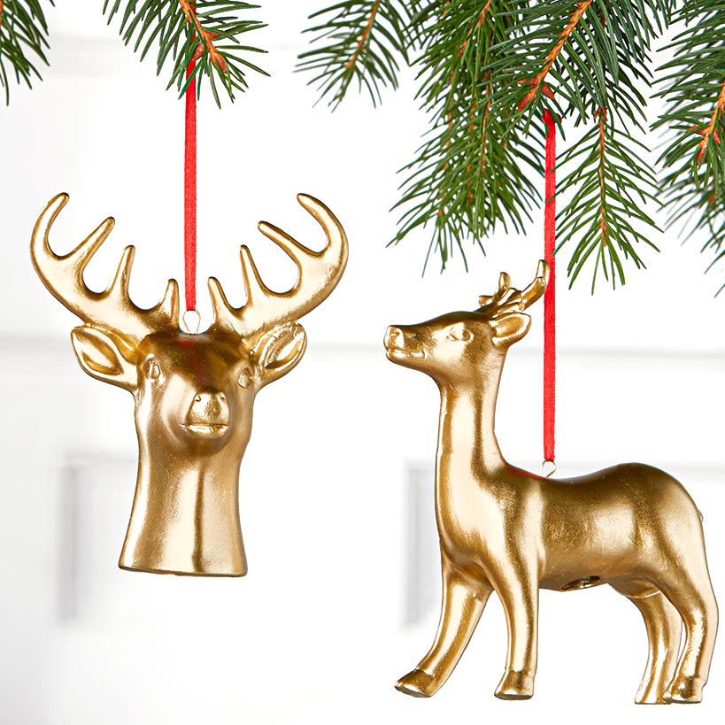Set of 2 Gold Reindeer Ornaments