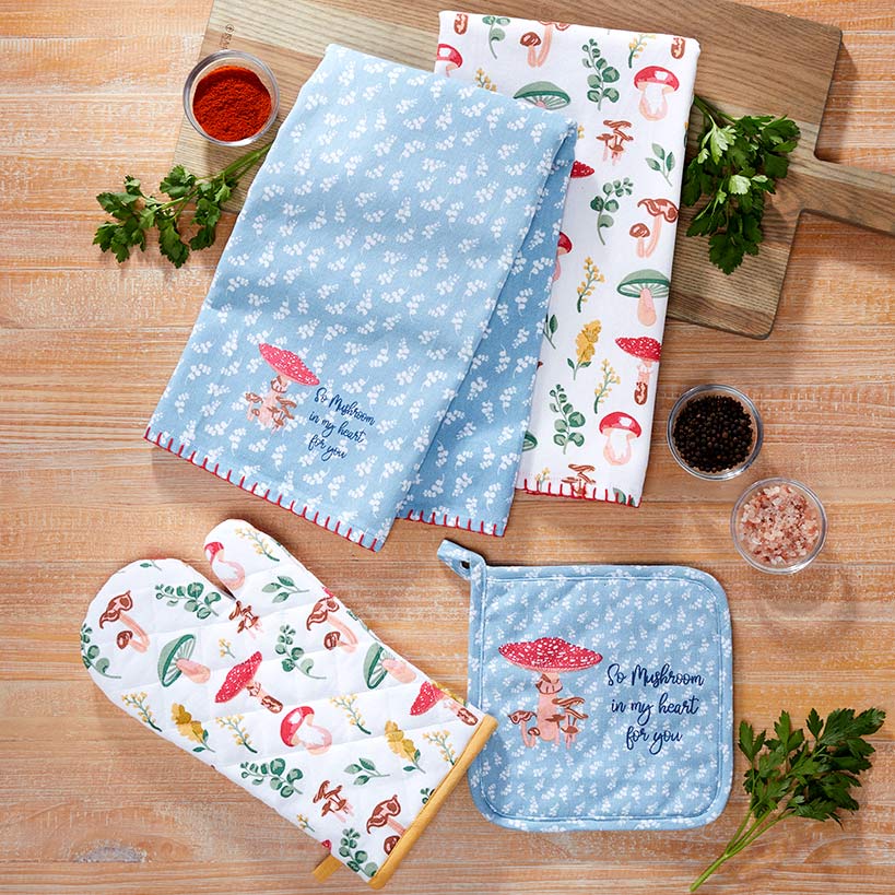 Spring Mushroom Set of 2 Kitchen Towels or Oven Mitt and Potholder Set