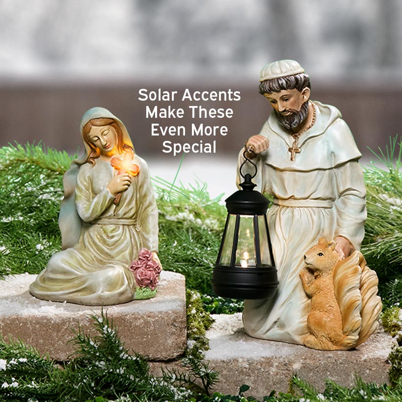 Solar Saint Statues – Mary with Cross and St. Francis with Lantern
