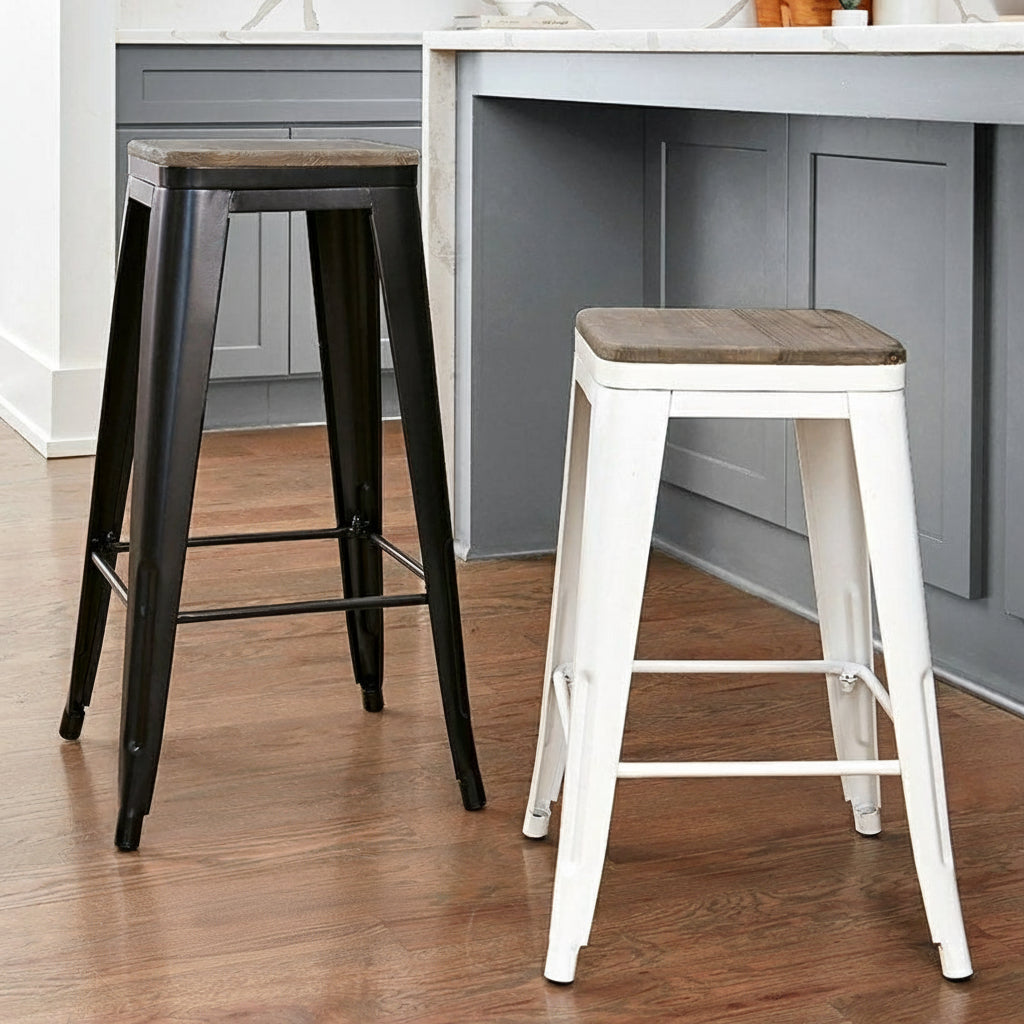 Backless Metal Barstool with Wood Square Seat - 24"H or 30"H