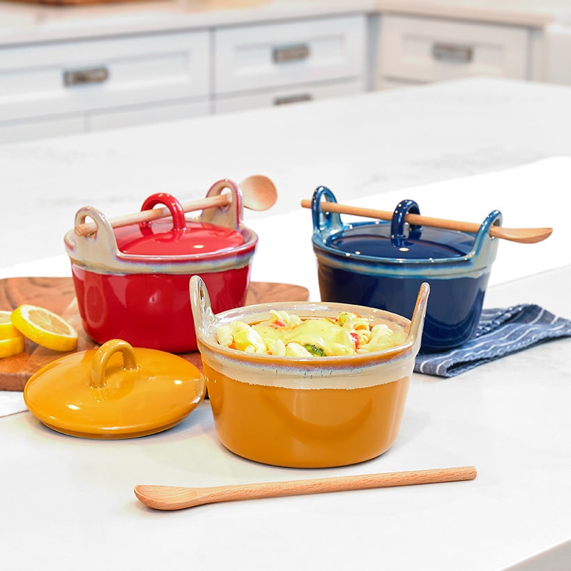 Stoneware Casserole Dish with Wooden Spoon