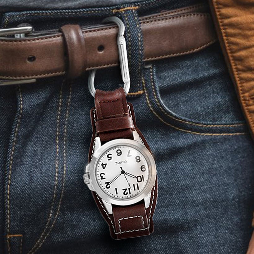 Clip On Analog Watch Brown with Carabiner