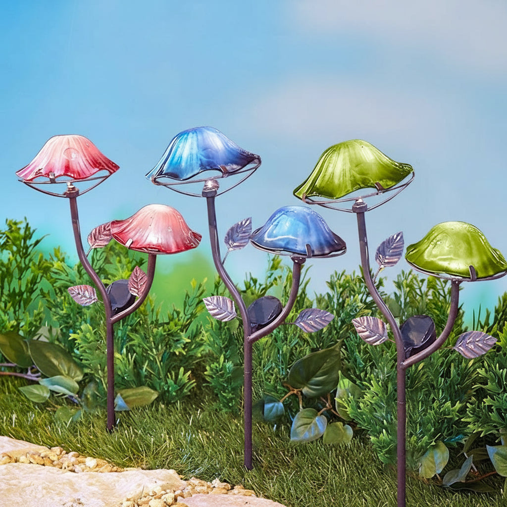 Solar-Powered Double Mushroom Stake – Pink, Green, and Blue