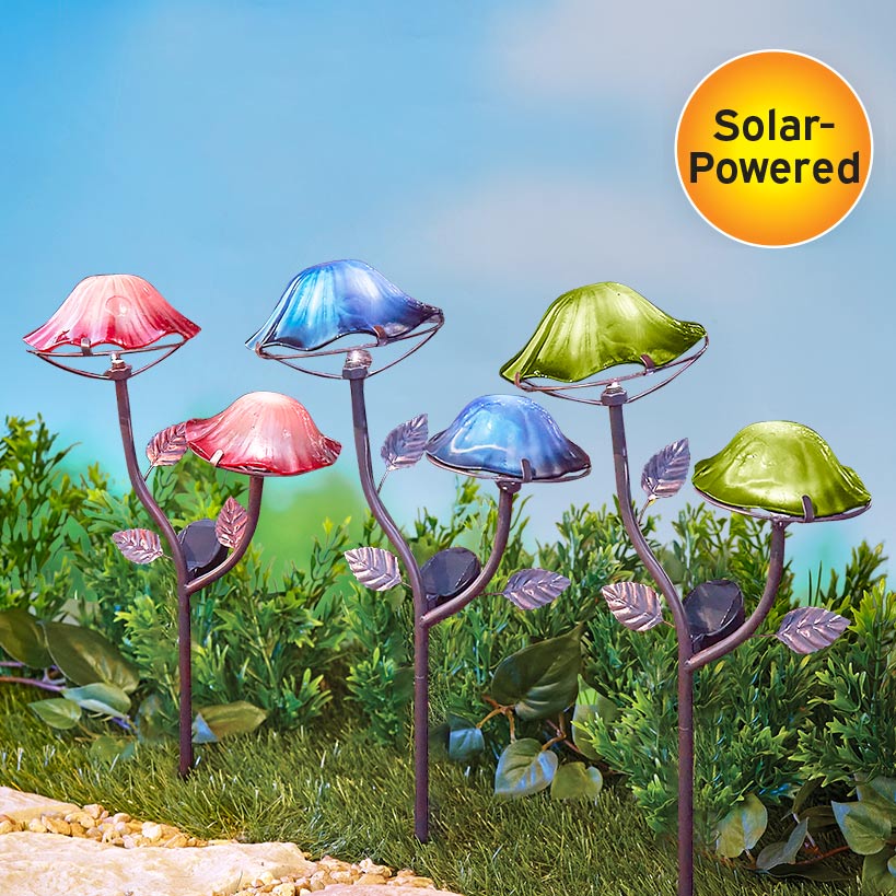 Solar-Powered Double Mushroom Stake – Pink, Green, and Blue