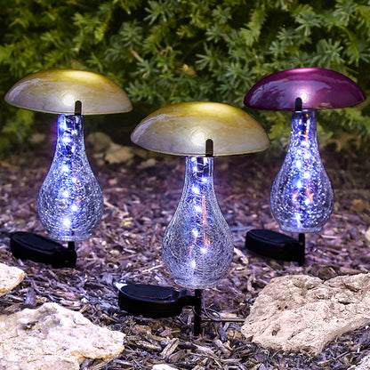 Mushroom Stake Solar Glass With Fairy Lights Green Purple Or Yellow