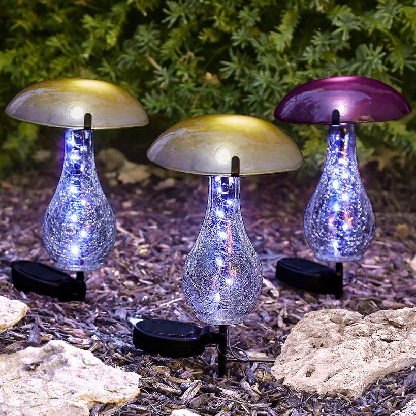 Mushroom Stake Solar Glass With Fairy Lights Green Purple Or Yellow