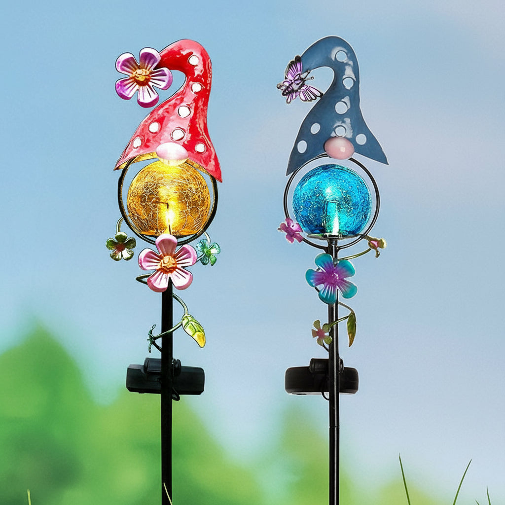 Solar LED Gnome Garden Stake Red with Flower or Blue with Butterfly