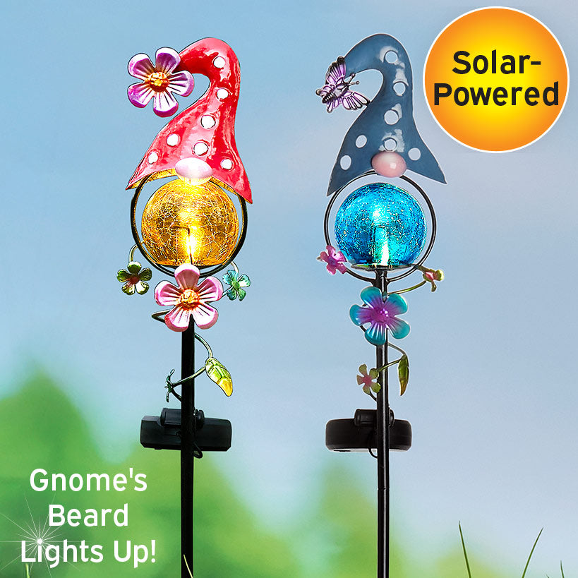 Solar LED Gnome Garden Stake Red with Flower or Blue with Butterfly