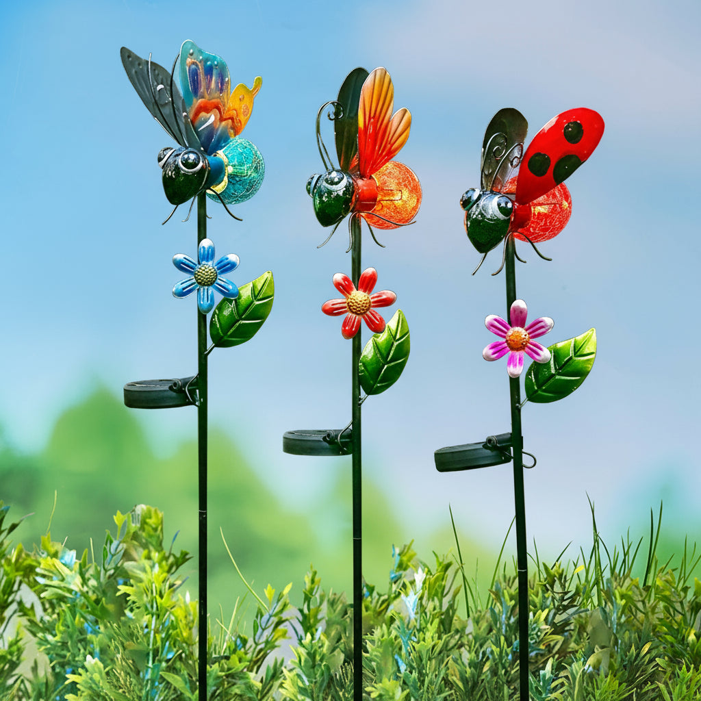 Solar Garden Stakes with Insect Designs – Ladybug, Butterfly, and Bee