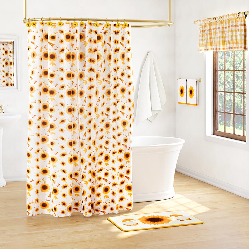 Sunflowers and Gnomes Shower Curtain, Valance, or Hooks