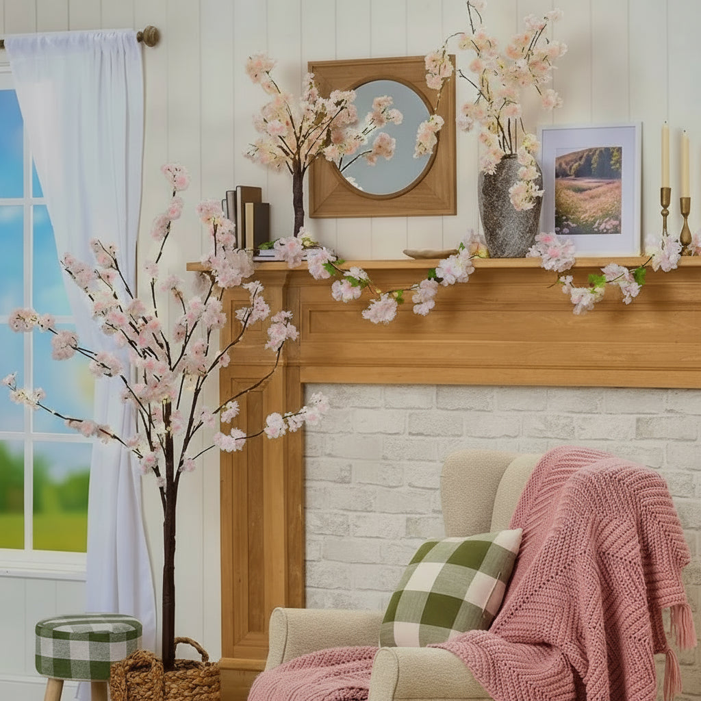 Lighted Cherry Blossom Garland, 2 Pc Branches, Table Tree, or 48" Tree