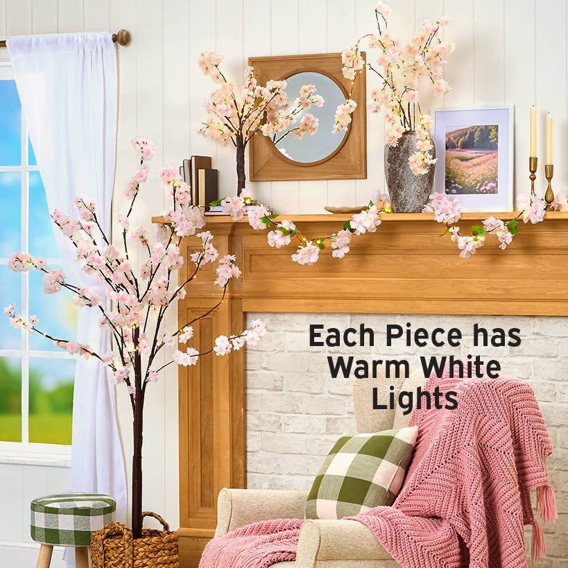 Lighted Cherry Blossom Garland, 2 Pc Branches, Table Tree, or 48" Tree