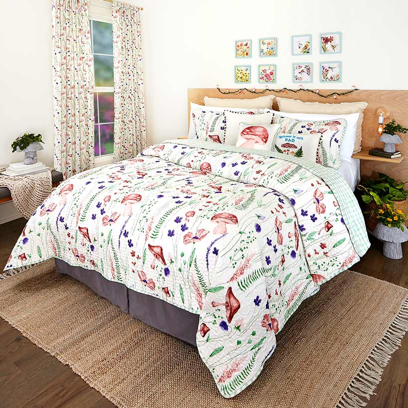 Spring Mushroom Full/Queen or King Quilt, or Decorative Pillow