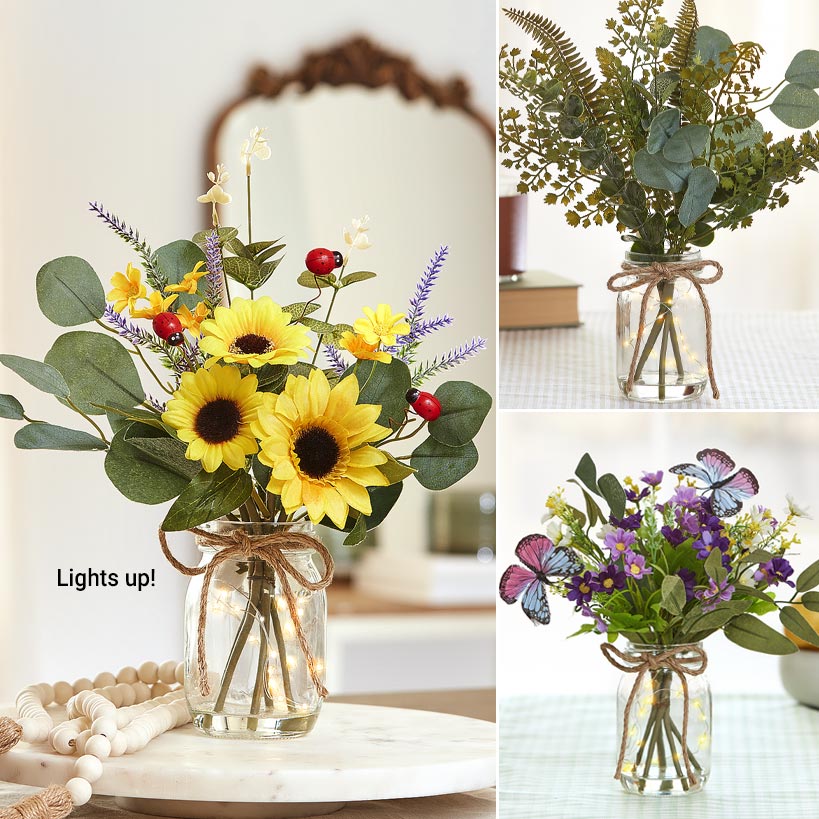Floral Vase Bouquet With Fairy Lights Sunflower Greenery Mix Or Daisy