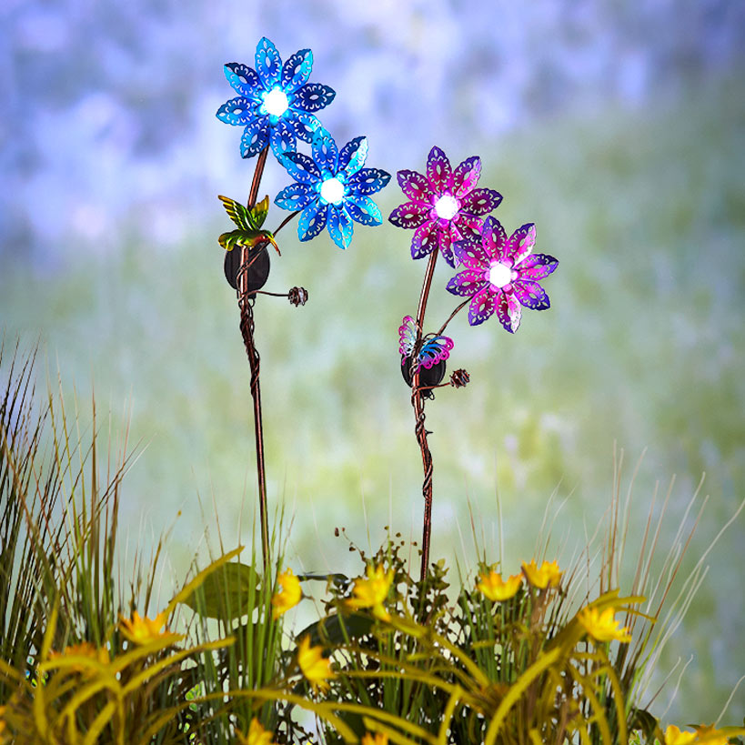 Solar Double Flower and Critter Garden Stake Set – Pink and Blue