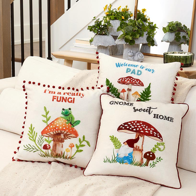 Mushroom Garden Embroidered Decorative Pillow