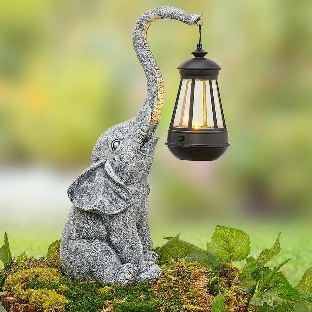Elephant Garden Statue Decoration Solar Lighted With Lantern