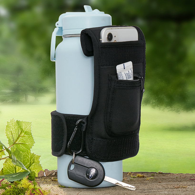 Water Bottle Pouch With Cell Phone Pocket, Secure Pocket and Lanyard