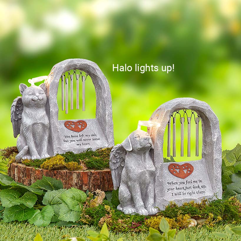 Pet Memorial Statue Solar with Chimes and Lighted Halo Dog or Cat