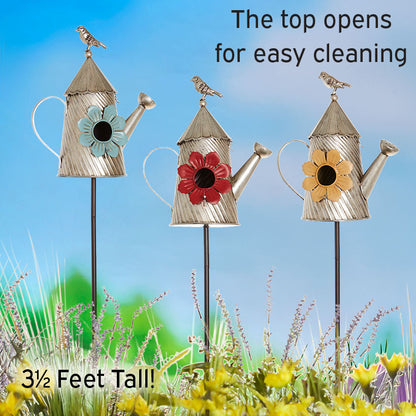 Metal Birdhouse Garden Stakes – Yellow, Red, and Blue Colors