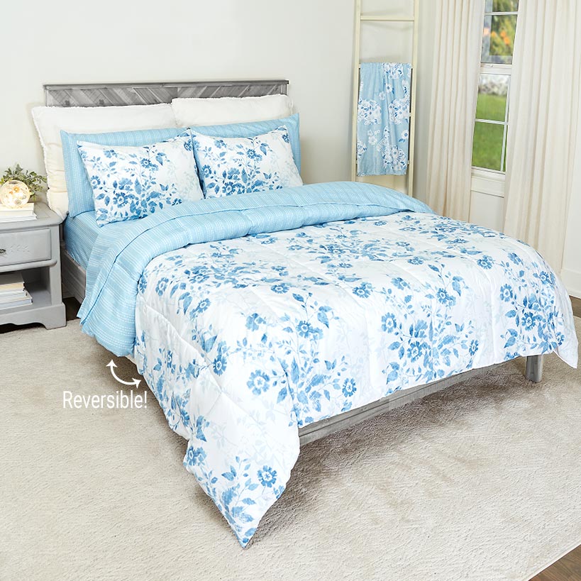 Spring Floral Reversible Queen or King Complete Comforter Set